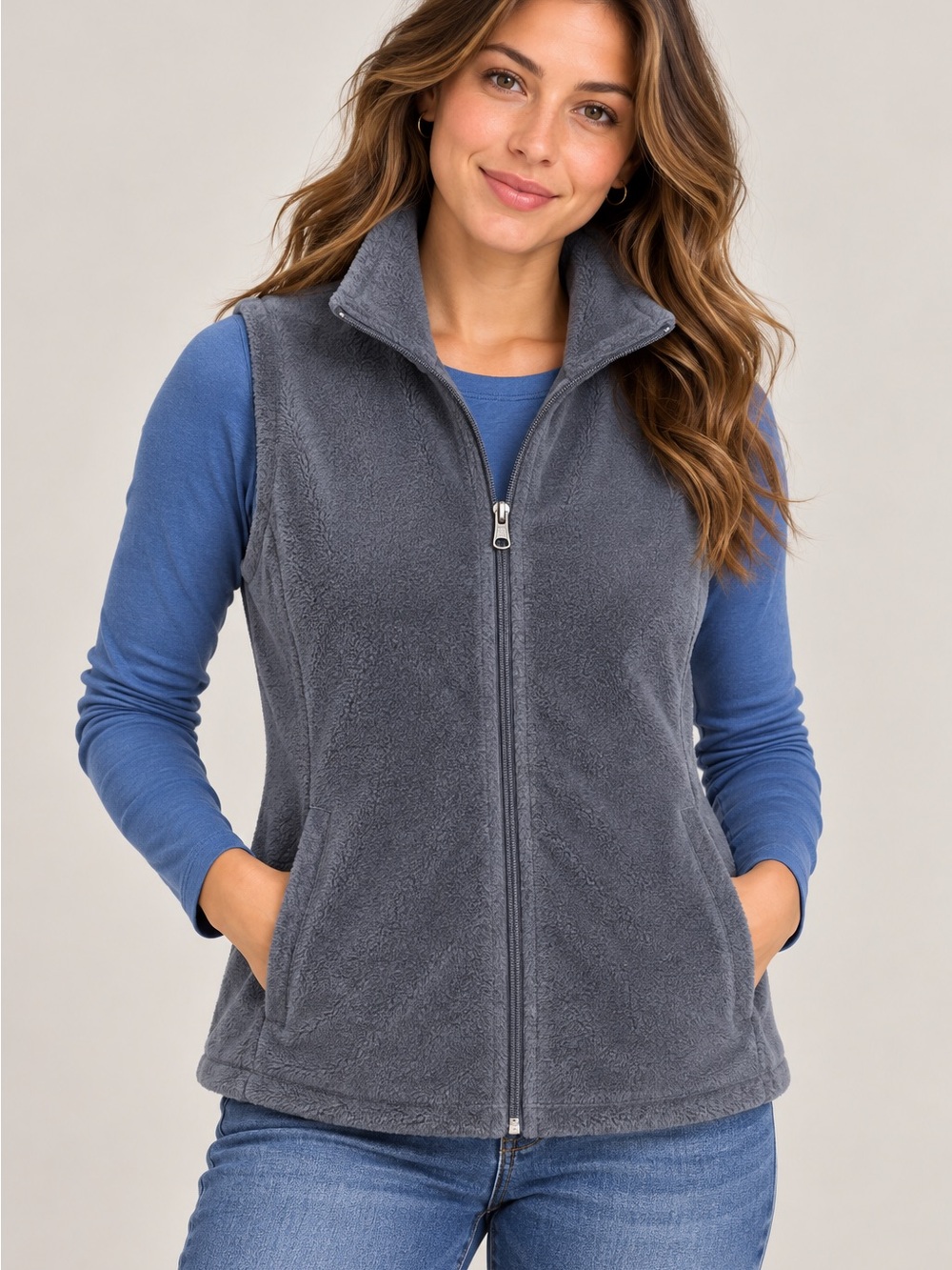 L.L.Bean Women’s Plush Fleece Full-Zip Vest – L Regular – Charcoal Gray EUC